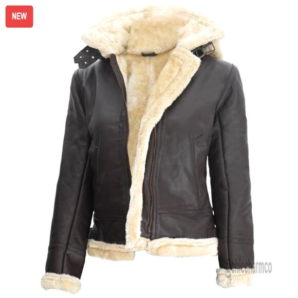 Jackets & Blazers - Women's Shearling Leather Jacket with Detachable Hood, Zip Closure